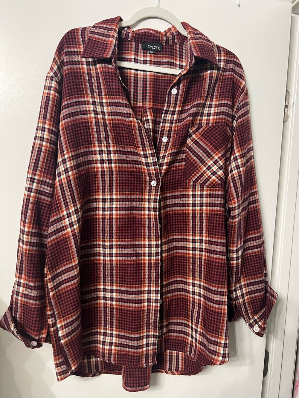 dark Red and Cream Plaid Button-Down Shirt